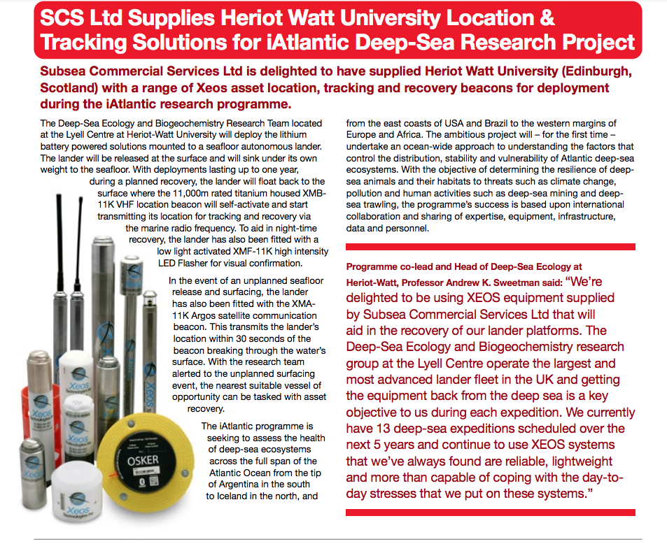 Xeos水下信標在英國赫瑞瓦特大學 (Heriot Watt)大西洋深海研究項目廣泛應用(圖1)